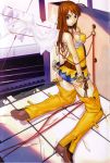  ahoge bakuretsu_tenshi binding_discoloration blue_eyes boots bracelet chaps feathers hakua_ugetsu kneeling large_breasts laundry looking_back megumi nail_polish orange_hair rope scan solo thigh-highs tiles zettai_ryouiki 