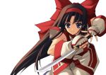  blue_eyes brown_hair fighting_stance fingerless_gloves hair_bow hairband missing_link nakoruru portrait samurai_spirits shingo simple_background solo sword very_long_hair wakizashi 