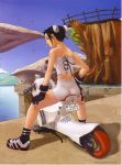  ass bare_legs bare_shoulders bike_shorts black_hair cigarette corset double_buns from_behind futuristic gloves hakua_ugetsu hands_on_knees highres motor_vehicle motorcycle scan scooter shoes short_hair short_shorts shorts sneakers sports_bra vehicle water whale 