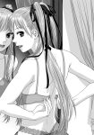  1girl bra breasts dressing from_behind highres lips long_hair looking_at_viewer looking_back mirror monochrome open_mouth original ribbon solo underwear yui_toshiki 