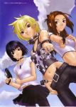  3girls absurdres aiming belt bracelet choker dutch_angle earrings gun gunpoint hakua_ugetsu midriff navel pistol ring scan sky 