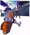  2girls blue_hair boots coat dutch_angle fur-trimmed hakua_ugetsu highres moon motor_vehicle motorcycle parking_lot purple_hair red_eyes scan sitting snowing spaceship thigh_boots thighhighs vehicle wings 