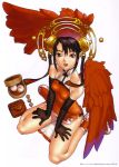  :d bamboo_steamer black_hair boots brown_hair china_dress chinadress chinese_clothes dim_sum double_buns elbow_gloves food gloves hair_ornament hakua_ugetsu highres nikuman open_mouth red red_eyes scan simple_background sitting solo steamed_buns teacup teapot wariza wings 