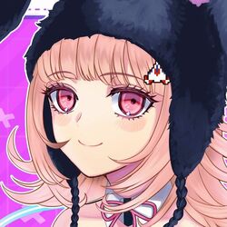  1girl animal_ears animal_hood bare_shoulders blunt_bangs blush brown_hair cropped danganronpa_(series) danganronpa_2:_goodbye_despair detached_collar fake_animal_ears galaga hair_ornament hood kusatakesi medium_hair nanami_chiaki neck_ribbon pink_background pink_eyes pink_ribbon portrait rabbit_hood ribbon smile solo 