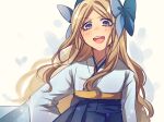  1girl asakaze_(kancolle) blonde_hair blue_bow blue_hakama blue_kimono blush bow hair_bow hakama hakama_skirt japanese_clothes kantai_collection kimono light_brown_hair long_hair looking_at_viewer meiji_schoolgirl_uniform open_mouth simple_background skirt solo sumoffu very_long_hair wide_sleeves 