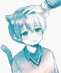  2boys aged_down aoyagi_touya blush cat cat_boy cat_tail commentary hand_on_another&#039;s_head highres kinomi_3030 long_sleeves male_child male_focus multicolored_hair multiple_boys out_of_frame project_sekai sailor_collar short_hair simple_background split-color_hair sweater tail tears two-tone_hair upper_body v-neck 