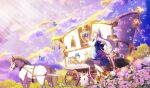  1girl artist_name back_bow blue_bow blue_butterfly blue_dress blue_eyes blunt_bangs blunt_tresses boots bow brown_footwear bug butterfly carriage clouds dress feet_out_of_frame flower genshin_impact grass hair_down hand_up highres horse jdb_moon kamisato_ayaka kamisato_ayaka_(springbloom_missive) light_particles light_rays long_hair long_sleeves looking_at_animal looking_to_the_side official_alternate_costume parted_lips pinafore_dress pink_flower puffy_long_sleeves puffy_sleeves purple_sky shirt sky sleeveless sleeveless_dress solo standing standing_on_one_leg tassel tree white_hair white_shirt 