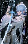  1boy black_gloves blue_hair closed_mouth collared_jacket cowboy_shot fighting_stance genshin_impact gloves haran_geppaku_futsu_(genshin_impact) highres holding holding_sword holding_weapon japanese_clothes kamisato_ayato lapels light_blue_hair liquid_weapon looking_at_viewer mole mole_under_mouth neekosiah ripples smile sword tassel violet_eyes water weapon wide_sleeves 