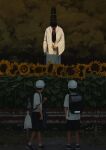  131_nngo 1other 2boys beckoning black_hair commentary faceless fence flower forest ghost hat highres horror_(theme) long_face long_fingers male_child multiple_boys nature original outdoors plucking_petals realistic robe rust sunflower white_robe wide_sleeves 