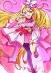  1girl absurdres belt bikoaki black_belt blonde_hair bow bridal_gauntlets brooch crop_top cure_butterfly earrings highres hijiri_ageha hirogaru_sky!_precure jewelry long_hair looking_at_viewer magical_girl midriff multicolored_hair nail_polish navel orange_hair pink_eyes pink_footwear pink_headwear pink_nails pink_shirt pink_skirt precure purple_thighhighs red_bow shirt shoes skirt sleeveless sleeveless_shirt smile solo streaked_hair thigh-highs thigh_strap two-tone_skirt v white_skirt 