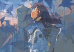  absurdres backpack bag bird blue_theme bomber_jacket brown_eyes brown_hair cityscape clouds cloudy_sky cpompvjde54svc1 crow expressionless highres jacket kiruko_(tengoku_daimakyou) long_hair looking_back maru_(tengoku_daimakyou) outdoors short_hair sketch sky spiky_hair stairs standing sunset tengoku_daimakyou very_short_hair wall white_hair wide_shot 