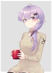  1girl alternate_costume alternate_hairstyle cup highres holding holding_cup long_hair long_sleeves low_ponytail mug pink_nails purple_hair ribbed_sweater smile solo sweater thigh-highs turtleneck turtleneck_sweater violet_eyes vocaloid voiceroid yuzuki_yukari zooanime 