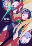  1boy absurdres android blonde_hair blue_eyes clenched_hand commentary_request english_text frown helmet highres long_hair looking_at_viewer male_focus mega_man_(series) mega_man_x_(series) sakura_mo_chiy solo z_saber zero_(mega_man) 