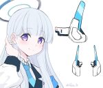  blue_archive blue_necktie collared_shirt formal grey_hair hair_behind_ear halo headphones highres long_hair mechanical_halo necktie noa_(blue_archive) reia_76 shirt signature smile suit very_long_hair violet_eyes white_shirt 