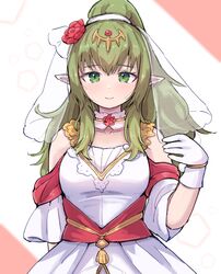  1girl bare_shoulders breasts bridal_veil dress fire_emblem fire_emblem_awakening fire_emblem_heroes flower green_eyes green_hair hair_ornament highres holding kutabireta_neko long_hair looking_at_viewer medium_breasts official_alternate_costume pointy_ears ponytail rose simple_background smile solo tiara tiki_(adult)_(bridal)_(fire_emblem) tiki_(adult)_(fire_emblem) tiki_(fire_emblem) veil wedding wedding_dress white_dress 