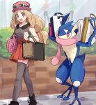  1girl :d bag bare_arms black_footwear blonde_hair blush brown_thighhighs collared_shirt commentary day eyelashes eyewear_on_headwear greninja grey_eyes handbag hat highres long_hair nm222 open_mouth outdoors pink_bag pink_headwear pleated_skirt pokemon pokemon_(creature) pokemon_(game) pokemon_xy red_skirt serena_(pokemon) shirt shoes shopping_bag skirt sleeveless sleeveless_shirt smile standing sunglasses symbol-only_commentary thigh-highs walking white-framed_eyewear 