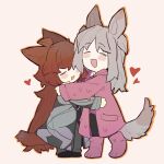  2girls ahoge animal_ears black_footwear black_pants boots brown_hair cat_ears cat_girl cat_tail chinese_commentary closed_eyes coat colored_eyelashes commentary_request dog_ears dog_girl dog_tail employee_(lobotomy_corporation) grey_coat grey_hair grey_pants grey_vest heart highres hug lobotomy_corporation long_hair long_sleeves multiple_girls no_nose open_clothes open_coat open_mouth orange_outline outline pale_skin pants paw_shoes pink_coat pink_footwear pink_vest project_moon shirt simple_background smile tail tesna very_long_hair vest white_background white_shirt 