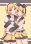  1boy 1girl alternate_color alternate_hairstyle androgynous arm_warmers black_sailor_collar blonde_hair brother_and_sister cropped_shoulders hair_ornament hairclip headphones headset highres hug kagamine_len kagamine_len_(if) kagamine_rin kagamine_rin_(if) looking_at_viewer neckerchief necktie possessive prototype_design sailor_collar shirt short_hair short_sleeves shorts siblings straight_hair swept_bangs symmetry twins vocaloid white_shirt yellow_eyes yellow_nails yellow_neckerchief yellow_necktie yellow_shorts zumin0627 