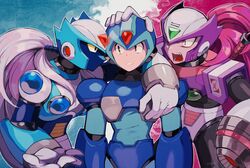  3boys android arm_cannon colored_sclera commentary_request glaring green_eyes grey_hair helmet highres kuru_(tpvz2437) long_hair male_focus mega_man_(series) mega_man_x_(series) mega_man_x_dive multiple_boys no_mouth sweatdrop via_(mega_man) via_(rockman) weapon x_(mega_man) yellow_sclera z_saber zero_(mega_man) zero_nightmare_(mega_man) 