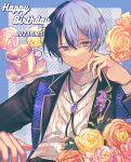  1boy aoyagi_touya blue_eyes blue_hair brooch closed_mouth commentary_request cup dark_blue_hair dated flower hair_between_eyes happy_birthday highres jacket jewelry kinomi_3030 lanyard lapels long_sleeves male_focus multicolored_hair notched_lapels official_alternate_costume open_clothes open_jacket project_sekai ribbed_sweater saucer short_hair solo split-color_hair spoon sweater turtleneck turtleneck_sweater two-tone_hair upper_body yellow_flower 