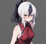  1girl ai-generated alternate_costume black_hair blue_archive blush china_dress chinese_clothes closed_mouth demon_horns dress fgo_mika grey_background hair_between_eyes horns kayoko_(blue_archive) long_hair looking_at_viewer multicolored_hair ponytail red_dress red_eyes sleeveless sleeveless_dress solo two-tone_hair white_hair 