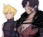  2boys armor black_cape black_hair black_sweater blonde_hair blue_eyes cape clive_rosfield closed_mouth cloud_strife collarbone ear_piercing facial_hair facial_tattoo final_fantasy final_fantasy_vii final_fantasy_xvi highres male_focus multiple_boys pauldrons pectoral_cleavage pectorals piercing red_shirt shirt short_hair shoulder_armor simple_background single_pauldron sketch slackertherubycat sleeveless sleeveless_turtleneck spiky_hair suspenders sweater tattoo turtleneck upper_body white_background 