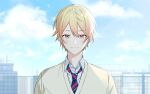  1boy blonde_hair blue_necktie blue_sky blush building cardigan closed_mouth clouds collared_shirt commentary day diagonal-striped_necktie double-parted_bangs fence gradient_hair gradient_sky hair_between_eyes hk_(wgyz7222) kamiyama_high_school_uniform_(project_sekai) looking_at_viewer male_focus multicolored_hair multicolored_necktie necktie open_collar orange_eyes orange_hair outdoors project_sekai red_necktie school_uniform shirt short_hair sky solo tenma_tsukasa tsurime upper_body white_necktie white_shirt wire_fence yellow_cardigan 