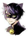  1boy animal_ears bell black_hair cat_ears chat_noir colored_sclera commentary_request eye_mask fake_animal_ears genderswap genderswap_(mtf) green_sclera hibidaikansya2 jingle_bell looking_at_viewer male_focus marinette_dupain-cheng miraculous_ladybug neck_bell portrait purple_hair short_hair signature simple_background smile solo swept_bangs white_background yellow_eyes 
