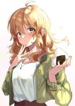  1girl absurdres ahoge blonde_hair blush brown_skirt buttons food food_on_face green_eyes green_jacket heart highres holding holding_food hoshii_miki idolmaster idolmaster_(classic) idolmaster_million_live! idolmaster_million_live!_theater_days jacket jewelry looking_at_viewer meno_(imas_ll) messy_hair necklace onigiri open_clothes open_jacket shirt skirt upper_body white_background white_shirt 