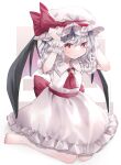  1girl ascot barefoot bat_wings black_wings blush brooch closed_mouth collared_dress dress frilled_dress frilled_sleeves frills furawast grey_hair hat hat_ribbon jewelry mob_cap nail_polish red_ascot red_eyes red_nails red_ribbon remilia_scarlet ribbon short_hair short_sleeves solo toenail_polish toenails touhou white_dress white_headwear wings 