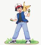 1boy :d ash_ketchum belt belt_buckle black_footwear black_hair brown_belt brown_eyes buckle clenched_hands commentary_request fingerless_gloves gloves green_gloves hat jacket looking_at_viewer male_focus nm222 on_shoulder open_clothes open_jacket open_mouth pants pikachu pokemon pokemon_(anime) pokemon_(classic_anime) pokemon_(creature) pokemon_on_shoulder red_headwear shirt shoes short_hair smile sneakers standing 