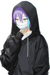  1boy aqua_hair arm_at_side asymmetrical_bangs black_hoodie commentary covered_mouth drawstring hair_between_eyes hk_(wgyz7222) hood hood_up hoodie kamishiro_rui long_sleeves male_focus mask mouth_mask multicolored_hair project_sekai purple_hair short_hair simple_background sleeves_past_wrists solo streaked_hair two-tone_hair upper_body white_background yellow_eyes 