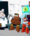  ._. 3boys beard commentary_request crossed_arms cut_man dr._light_(mega_man) energy_tank english_commentary english_text facial_hair green_eyes grey_hair lab_coat leaf looking_down male_focus mega_man_(classic) mega_man_(series) mega_man_1 mega_man_2 multiple_boys old old_man scissors sitting spectrumw wood_man 