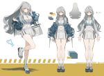  1girl absurdres asymmetrical_bangs asymmetrical_hair b0rzzz0i bag blue_jacket breasts full_body grey_hair headdress highres huge_breasts jacket long_hair looking_at_viewer navel original pleated_skirt ponytail reference_sheet shirt shoes shoulder_bag sidelocks skirt smile sneakers socks standing thighs white_footwear white_shirt white_skirt white_socks yellow_eyes 