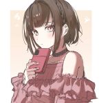  1girl bare_shoulders blush bob_cut border braid brown_eyes brown_hair choker closed_mouth commentary_request highres holding holding_phone looking_at_viewer phone project_sekai shinonome_ena short_hair solo taro_art0420 upper_body white_border 