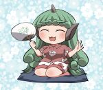 1girl blush closed_eyes cloud_print collared_shirt cushion green_eyes green_hair hand_fan holding holding_fan horns kariyushi_shirt komano_aunn long_hair open_mouth paper_fan red_shirt rokugou_daisuke shirt short_sleeves shorts single_horn smile solo touhou uchiwa white_shorts zabuton