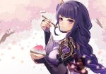  1girl artist_name braid braided_ponytail bridal_gauntlets cherry_blossoms eating food from_side genshin_impact hair_ornament highres holding holding_spoon japanese_clothes long_hair looking_at_viewer raiden_shogun reia_hana shaved_ice solo spoon upper_body violet_eyes 