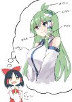  2girls ascot bare_shoulders black_hair bow brown_eyes closed_mouth deetamu detached_sleeves drooling frog_hair_ornament green_eyes green_hair hair_between_eyes hair_bow hair_ornament hair_tubes hakurei_reimu highres imagining japanese_clothes kochiya_sanae long_hair mouth_drool multiple_girls nontraditional_miko open_mouth red_bow red_skirt ribbon-trimmed_sleeves ribbon_trim short_hair sidelocks simple_background skirt smile snake_hair_ornament touhou translation_request white_background white_sleeves wide_sleeves yellow_ascot 