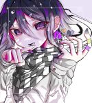  1boy :d absurdres black_hair checkered_clothes checkered_scarf danganronpa_(series) danganronpa_v3:_killing_harmony flipped_hair grey_jacket hair_between_eyes hands_up heart highres jacket kyo_ya_(utsuroya) long_sleeves looking_at_viewer male_focus oma_kokichi open_mouth purple_hair scarf simple_background smile solo violet_eyes white_background 
