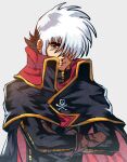  1970s_(style) 1boy black_cape black_hair black_jack_(character) black_jack_(series) brown_eyes brown_gloves cape collared_cape cosplay crossed_arms crossover gloves harlock harlock_(cosplay) harlock_saga high_collar highres light_smile look-alike looking_at_viewer male_focus marker_(medium) multicolored_hair retro_artstyle scar scar_on_face short_hair sideburns simple_background skull_and_crossbones slllle1 solo traditional_media two-sided_cape two-sided_fabric two-tone_hair uchuu_kaizoku_captain_harlock upper_body white_background white_hair 