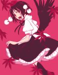  autumn_leaves black_bow black_bowtie black_hair black_skirt black_socks black_wings bow bowtie clothes_lift collared_shirt feathered_wings frilled_skirt frills from_side geta hat highres lifted_by_self long_skirt looking_at_viewer open_mouth pink_background pom_pom_(clothes) puffy_short_sleeves puffy_sleeves red_footwear red_headwear shameimaru_aya shirt short_hair short_sleeves skirt skirt_lift socks teeth tengu tengu-geta tokin_hat toraneko_2 touhou upper_teeth_only white_shirt wings 