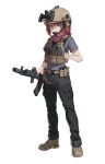  1girl absurdres ammunition_pouch assault_rifle bandana blue_eyes boots cargo_pants gun handgun headphones helmet highres looking_at_viewer military night_vision_device original pants pilot_webber pink_hair pouch rifle solo suppressor tactical_clothes weapon 