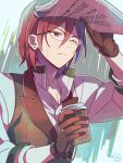  1boy 2023 blue_eyes brown_gloves brown_vest closed_mouth cup dated einenno_imouto ensemble_stars! glasses gloves green-framed_eyewear highres holding holding_cup hot_chocolate looking_to_the_side male_focus one_eye_closed redhead saegusa_ibara shirt solo twitter_username unhappy vest white_background white_shirt 