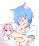  2girls ^_^ animal_ears blue_bow blue_bowtie blue_choker blue_hair blush bow bowtie cat cat_ears choker closed_eyes commentary_request fang felutiahime highres hololive hoshimachi_suisei hoshimachi_suisei_(4th_costume) kemonomimi_mode komugi_(minato_aqua) minato_aqua minato_aqua_(5th_costume) multiple_girls official_alternate_costume open_mouth puffy_short_sleeves puffy_sleeves purple_hair sailor_collar school_uniform serafuku shirt short_hair short_sleeves virtual_youtuber white_sailor_collar white_serafuku white_shirt 