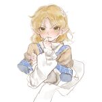  1girl 80isiiii arm_warmers blonde_hair blush brown_jacket green_eyes highres jacket looking_at_viewer mizuhashi_parsee open_mouth pointy_ears scarf short_hair simple_background solo touhou upper_body white_background white_scarf 