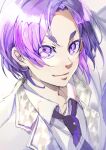  1boy absurdres blue_lock closed_mouth collared_shirt commentary_request highres lapels looking_at_viewer male_focus mikage_reo necktie notched_lapels open_collar partial_commentary purple_hair shirt short_hair solo upper_body violet_eyes white_shirt yune525neko 