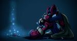  1boy android commentary cyber_elf_x_(mega_man) dated english_commentary helmet highres hugging_own_legs long_hair male_focus mega_man_(series) mega_man_zero_(series) simple_background sitting wing-maiden z_saber zero_(mega_man) 