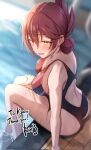  1girl blush commission double-parted_bangs eiyuu_densetsu english_commentary english_text highres looking_at_viewer one-piece_swimsuit ray_mil68 redhead sara_valestein sen_no_kiseki signature sitting smile solo swimsuit water yellow_eyes 