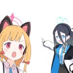  3girls :o animal_ear_headphones animal_ears aris_(blue_archive) black_hair black_skirt blonde_hair blue_archive blue_eyes blue_necktie bow cat_ear_headphones chibi commentary commentary_request english_commentary fake_animal_ears green_halo hair_between_eyes halo hand_up headphones jacket long_hair long_sleeves looking_at_viewer low_tied_sidelocks lying meme momoi_(blue_archive) multiple_girls necktie open_clothes open_jacket open_mouth outstretched_arm pink_halo pleated_skirt pointing pointing_at_another shirt skirt teeth template transparent_background two_soyjaks_pointing_(meme) upper_body upper_teeth_only very_long_hair white_shirt xandier59 