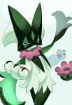  blurry closed_mouth commentary_request crossed_legs green_fur half-closed_eyes highres meowscarada nobu_(rghw3527) pokemon pokemon_(creature) smile solo standing violet_eyes white_background 